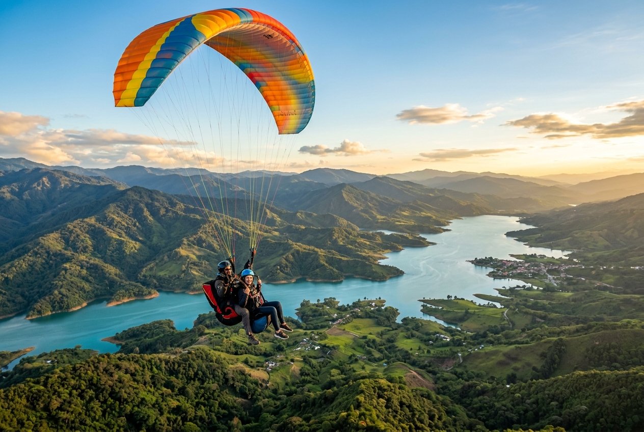 Vuelo Altum Esencial – vuelo biplaza sobre montañas colombianas al atardecer